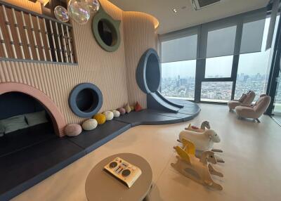 Modern playroom with city view and unique children