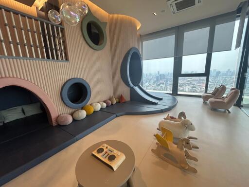 Modern playroom with city view and unique children