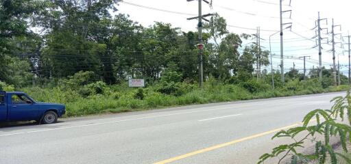 Quiet suburban road with overgrown greenery and passing blue truck