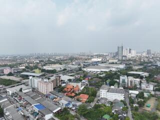 Aerial view of a bustling urban area with diverse buildings and infrastructure