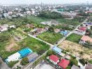 Aerial view of a residential area with various properties and green spaces