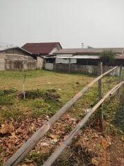Rustic outdoor view with rundown buildings and overgrown grass