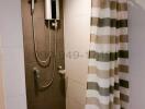 Modern bathroom with wall-mounted shower and curtain