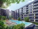 Luxury apartment complex with outdoor swimming pool