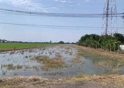 Flooded agricultural field near power lines