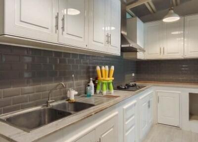 Modern kitchen with white cabinetry and dark backsplash