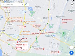 Detailed map view of Bangkok highlighting roads, hospitals, parks, and shopping areas