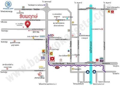 Detailed transit map showing routes and station names for Bangkok transport system