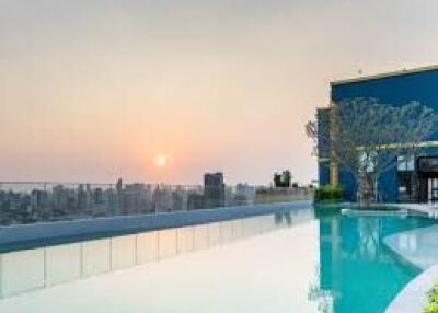Luxurious rooftop pool overlooking city skyline at sunset