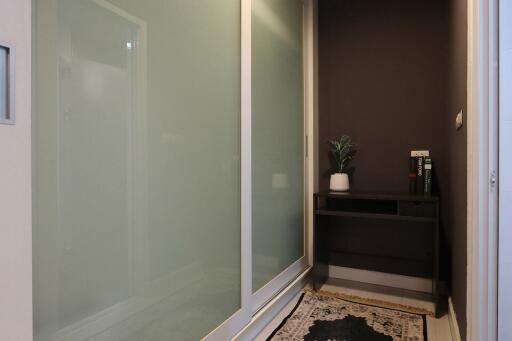 Modern entryway with glass door and decorative plant