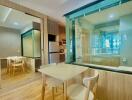 Modern kitchen with glass partition and wooden accents
