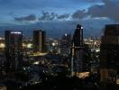 Twilight cityscape view with illuminated buildings and darkening sky