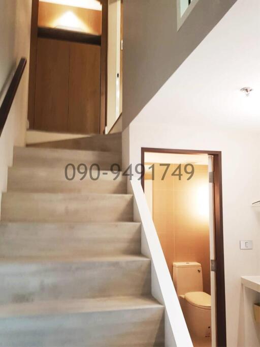 Modern staircase leading to the upper level with a visible bathroom