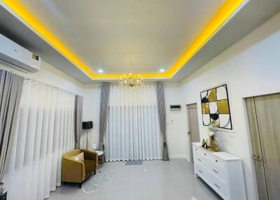 Elegant and modern living room with stylish lighting and furnishings