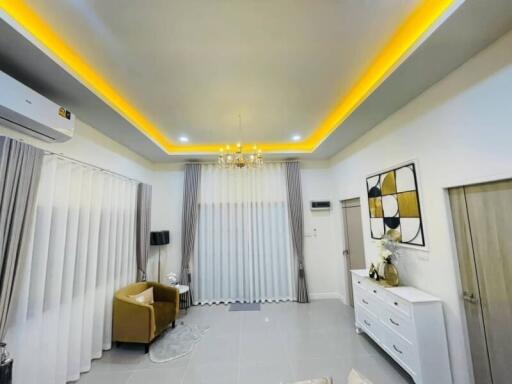 Elegant and modern living room with stylish lighting and furnishings