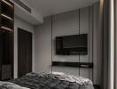 Modern bedroom with city view and minimalistic design