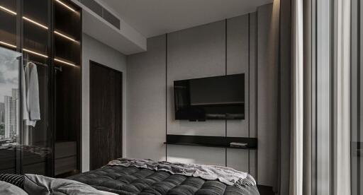 Modern bedroom with city view and luxurious interior design