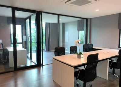 Spacious modern office with large meeting table and ample natural light