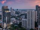 Panoramic view of a bustling city skyline at dusk