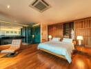 Spacious modern bedroom with wooden design features and ensuite bathroom
