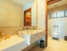 Modern spacious bathroom with large marble sink and sleek design