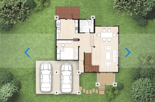 Architectural floor plan of a residential house with garden view