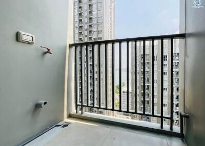 Modern apartment balcony with city view
