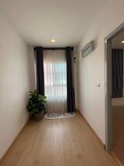 Bright and clean hallway with hardwood flooring, window curtains, and potted plant