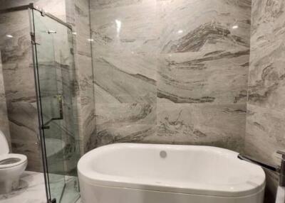 Luxurious bathroom with marble walls and modern fittings