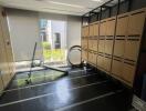 Modern storage room with lockers and exercise equipment