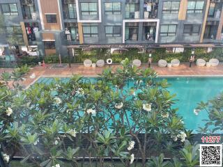 View of a residential building overlooking a swimming pool surrounded by green foliage