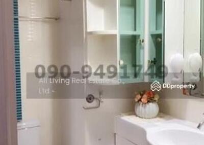 Modern and clean bathroom with white fixtures and green storage shelves