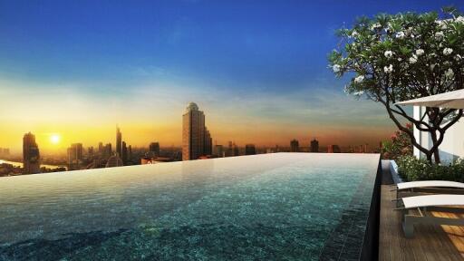 Luxurious rooftop infinity pool overlooking a city skyline at sunset