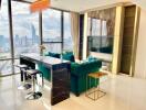 Modern high-rise condominium living room with city view