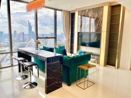 Modern high-rise condominium living room with city view