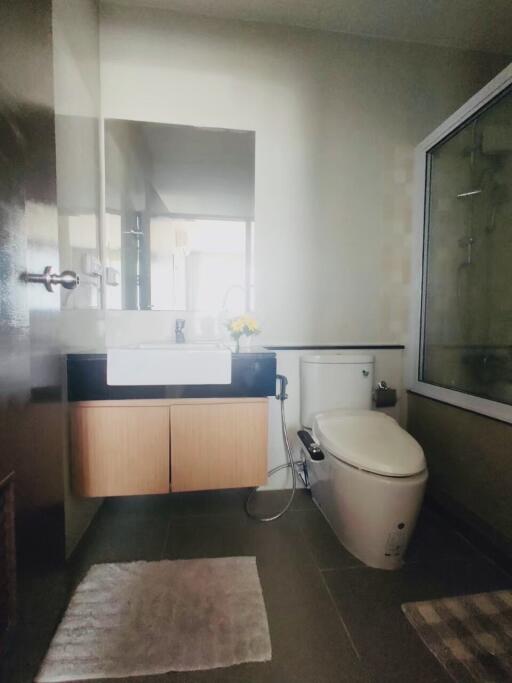 Modern bathroom interior with vanity, toilet and shower