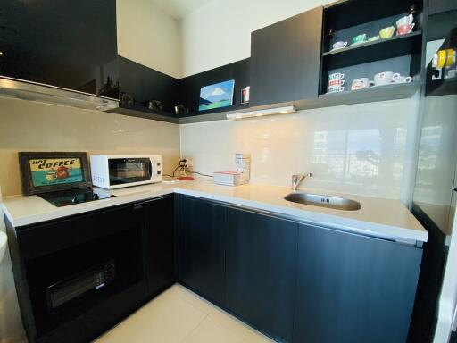 Modern kitchen with dark cabinetry and integrated appliances