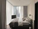 Modern bedroom with expansive windows and city view