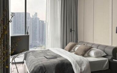 Modern bedroom with city view through large window