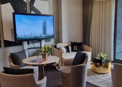 Modern living room with skyline view through large windows