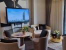 Modern living room with skyline view through large windows