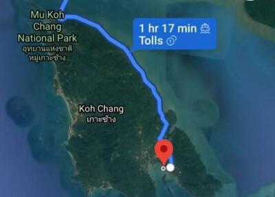Screenshot of a mobile map app showing route to Koh Chang