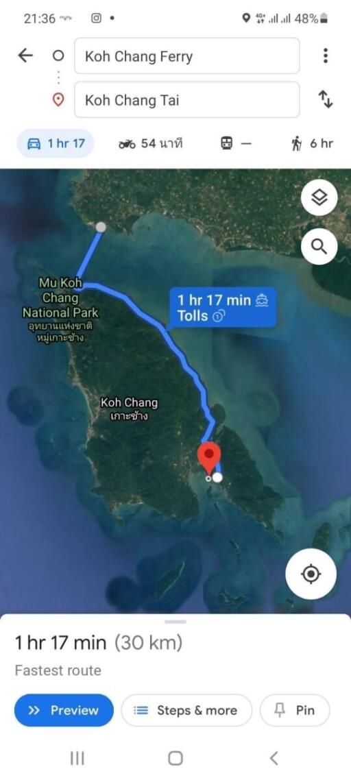 Screenshot of a mobile map app showing route to Koh Chang