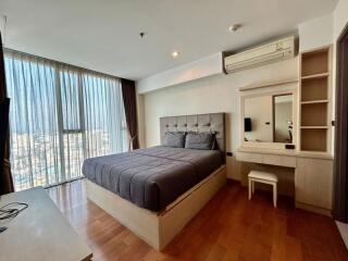 Modern bedroom with large window and city view