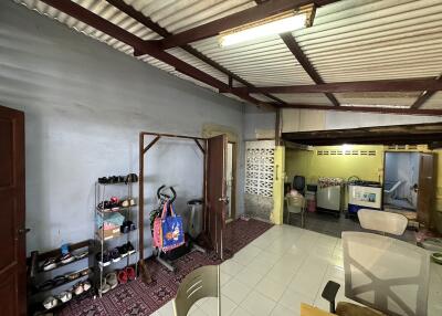 Spacious garage with storage and workspace areas