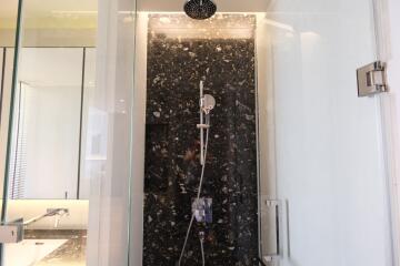 Modern bathroom with stylish black marbled shower