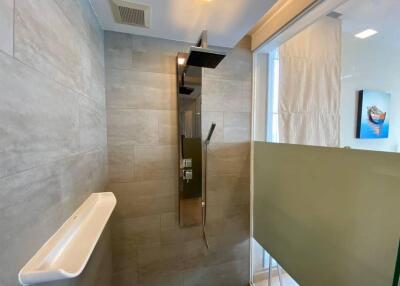 Modern bathroom with spacious walk-in shower and sleek fixtures