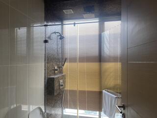 Modern bathroom with glass shower and natural light
