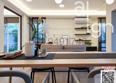 Modern living room with open space design, integrating kitchen and dining area