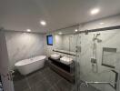 Spacious modern bathroom with double vanities and freestanding tub